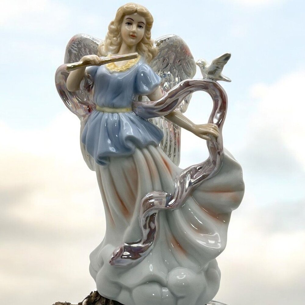 Vintage Porcelain Angel Figurine Playing Flute and Dove Iridescent Musician Gift